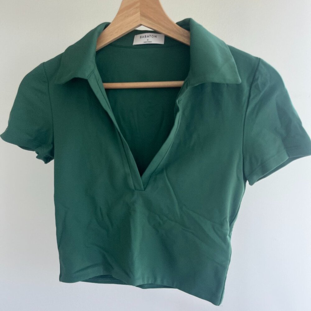 Aritzia Babaton Dark Green Contour Cropped Polo Shirt